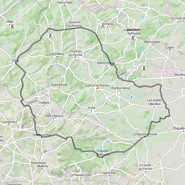 Map miniature of "Souancé-au-Perche to Gréez-sur-Roc Route" cycling inspiration in Basse-Normandie, France. Generated by Tarmacs.app cycling route planner
