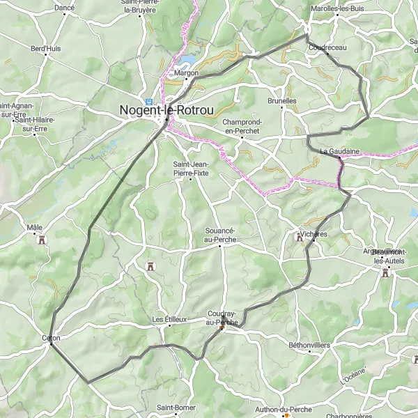 Map miniature of "Discover the Perche Trésors" cycling inspiration in Basse-Normandie, France. Generated by Tarmacs.app cycling route planner