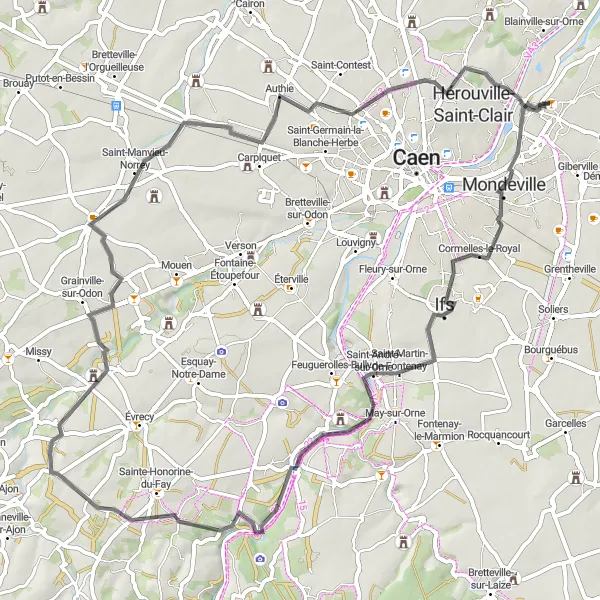 Map miniature of "Historical Road Journey" cycling inspiration in Basse-Normandie, France. Generated by Tarmacs.app cycling route planner