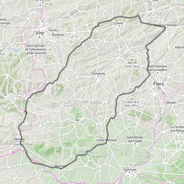 Miniature de la carte de l'inspiration cycliste "Aventure à travers la campagne normande" dans la Basse-Normandie, France. Générée par le planificateur d'itinéraire cycliste Tarmacs.app