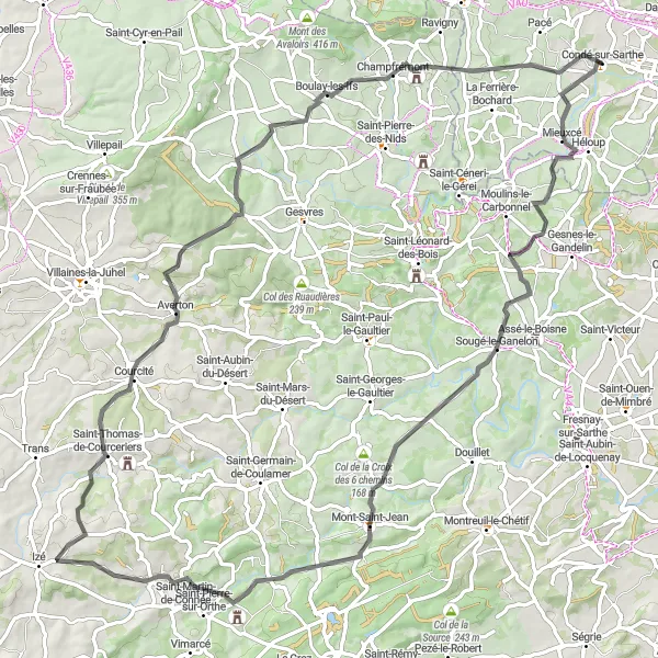 Miniature de la carte de l'inspiration cycliste "Les collines de la Mayenne" dans la Basse-Normandie, France. Générée par le planificateur d'itinéraire cycliste Tarmacs.app