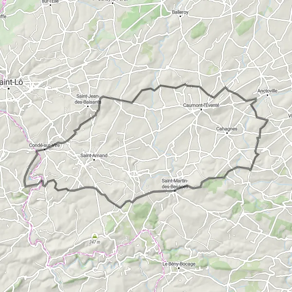 Map miniature of "Exploring Seulles Valley" cycling inspiration in Basse-Normandie, France. Generated by Tarmacs.app cycling route planner