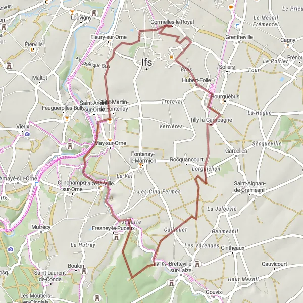 Map miniature of "Gravel Adventure near Cormelles-le-Royal" cycling inspiration in Basse-Normandie, France. Generated by Tarmacs.app cycling route planner