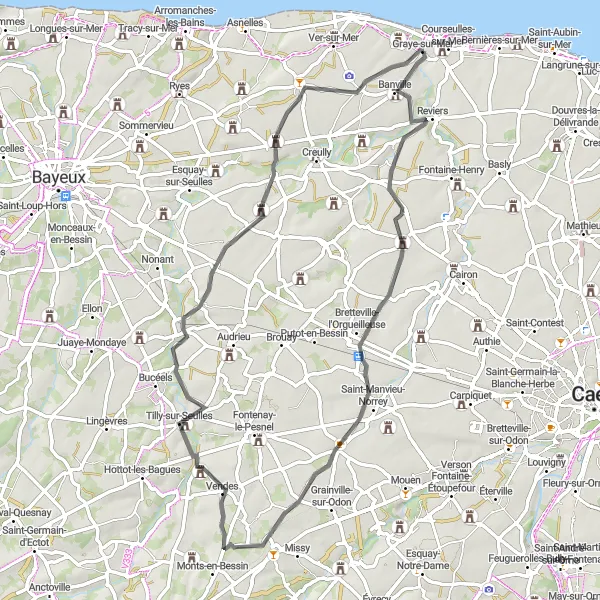 Miniature de la carte de l'inspiration cycliste "Chemin à travers l'histoire de Normandie" dans la Basse-Normandie, France. Générée par le planificateur d'itinéraire cycliste Tarmacs.app