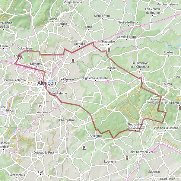 Miniature de la carte de l'inspiration cycliste "La Boucle des Chemins de Terre" dans la Basse-Normandie, France. Générée par le planificateur d'itinéraire cycliste Tarmacs.app