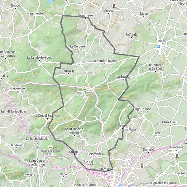 Miniature de la carte de l'inspiration cycliste "La Route des Châteaux Normands" dans la Basse-Normandie, France. Générée par le planificateur d'itinéraire cycliste Tarmacs.app