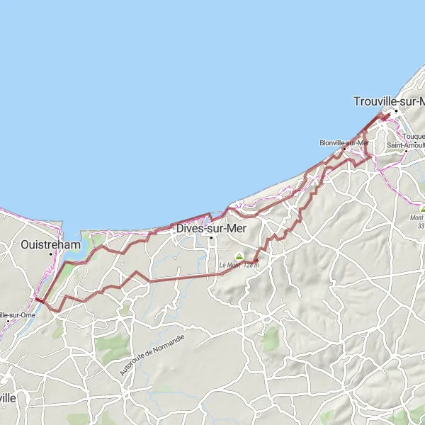 Map miniature of "Coastal Gravel Adventure" cycling inspiration in Basse-Normandie, France. Generated by Tarmacs.app cycling route planner