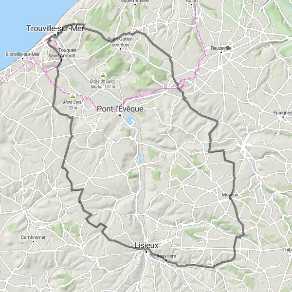 Map miniature of "The Auge Valley Adventure" cycling inspiration in Basse-Normandie, France. Generated by Tarmacs.app cycling route planner