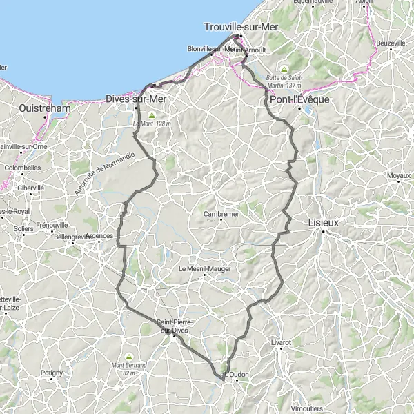 Map miniature of "The Grand Auge Valley Road Cycling Loop" cycling inspiration in Basse-Normandie, France. Generated by Tarmacs.app cycling route planner