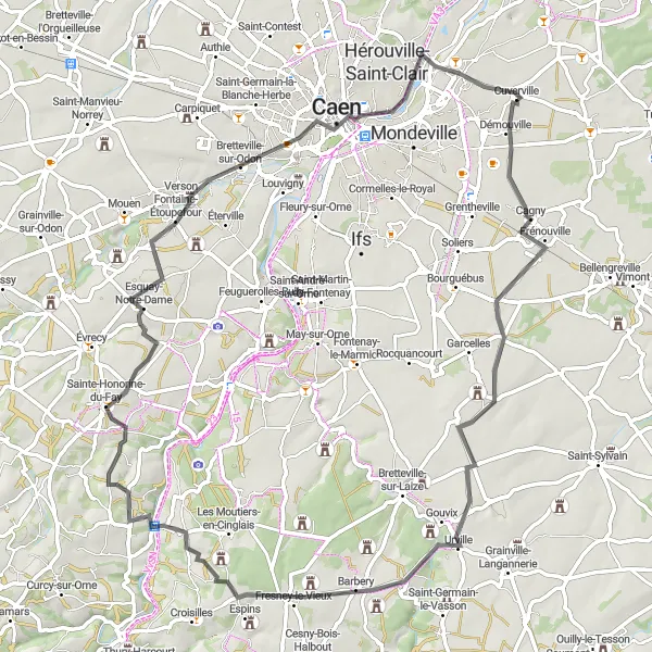 Map miniature of "Norman Castle Circuit" cycling inspiration in Basse-Normandie, France. Generated by Tarmacs.app cycling route planner