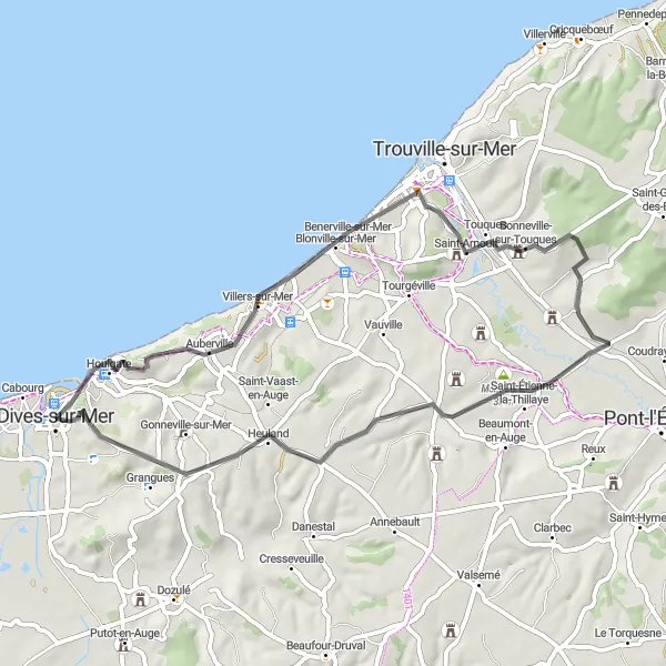 Miniature de la carte de l'inspiration cycliste "Escapade à la Campagne Normande" dans la Basse-Normandie, France. Générée par le planificateur d'itinéraire cycliste Tarmacs.app