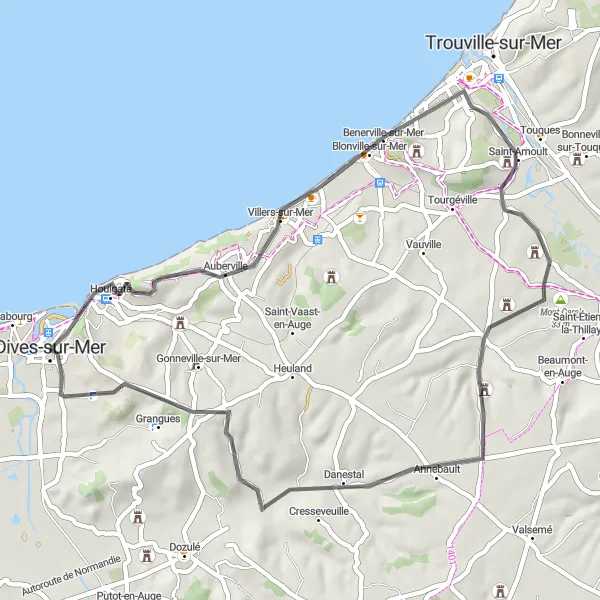 Map miniature of "Dives-sur-Mer and Mont Canisy Loop" cycling inspiration in Basse-Normandie, France. Generated by Tarmacs.app cycling route planner