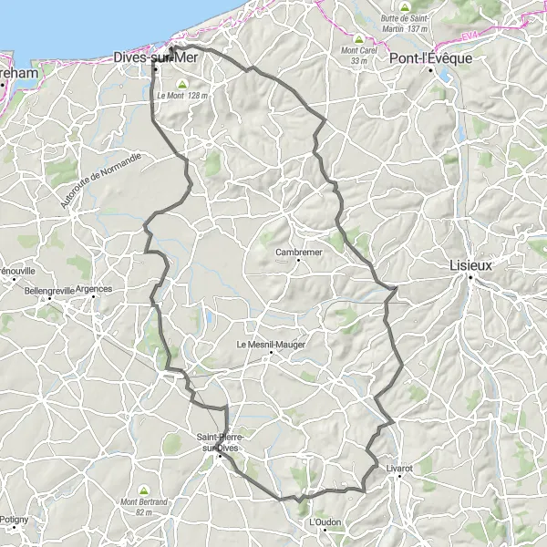 Map miniature of "Challenging and Scenic Route" cycling inspiration in Basse-Normandie, France. Generated by Tarmacs.app cycling route planner