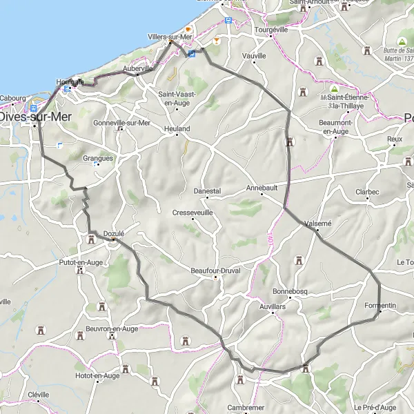 Map miniature of "The Auge Valley Delight" cycling inspiration in Basse-Normandie, France. Generated by Tarmacs.app cycling route planner