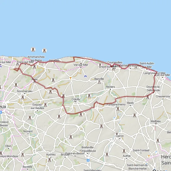 Map miniature of "Bény-sur-Mer and Canadian House Gravel Route" cycling inspiration in Basse-Normandie, France. Generated by Tarmacs.app cycling route planner