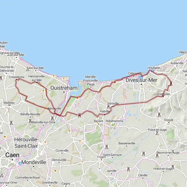 Miniature de la carte de l'inspiration cycliste "Circuit côtier de Cabourg" dans la Basse-Normandie, France. Générée par le planificateur d'itinéraire cycliste Tarmacs.app