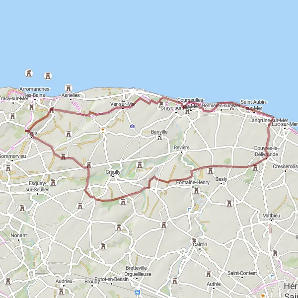 Map miniature of "Bény-sur-Mer and Manoir du Pavillon Gravel Route" cycling inspiration in Basse-Normandie, France. Generated by Tarmacs.app cycling route planner