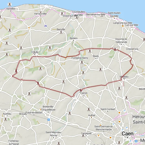 Map miniature of "Gravel Route around Douvres-la-Délivrande" cycling inspiration in Basse-Normandie, France. Generated by Tarmacs.app cycling route planner