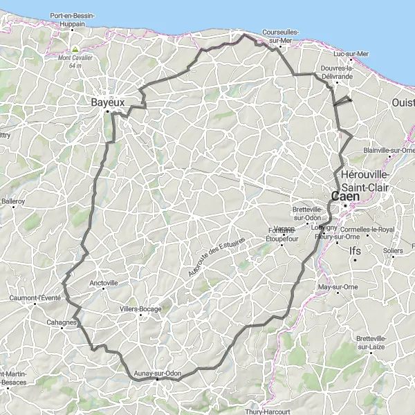 Map miniature of "Road Route to Aunay-sur-Odon" cycling inspiration in Basse-Normandie, France. Generated by Tarmacs.app cycling route planner