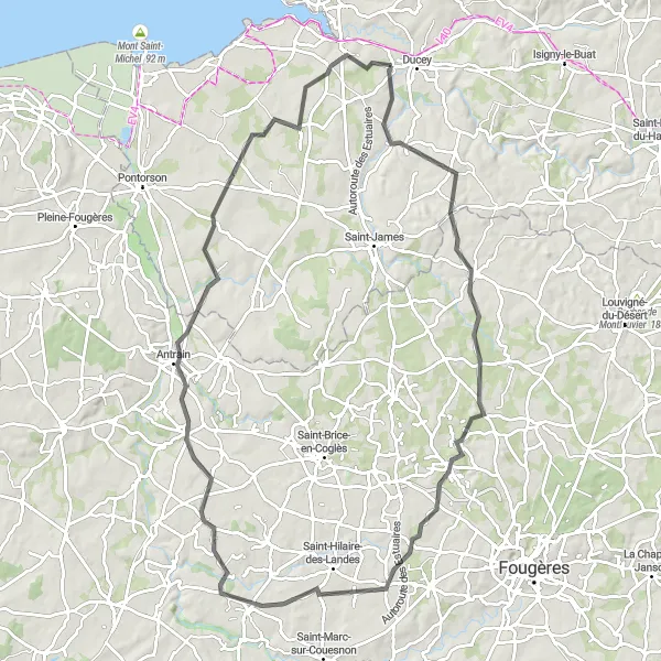 Miniature de la carte de l'inspiration cycliste "Parcours Route de Saint-Georges-de-Reintembault à Précey" dans la Basse-Normandie, France. Générée par le planificateur d'itinéraire cycliste Tarmacs.app