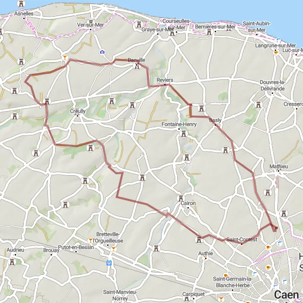 Map miniature of "Scenic Gravel Tour of Saint-Contest and Villiers-le-Sec" cycling inspiration in Basse-Normandie, France. Generated by Tarmacs.app cycling route planner