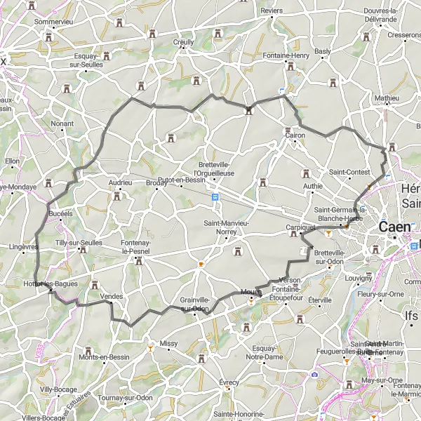 Map miniature of "The Carpiquet Adventure" cycling inspiration in Basse-Normandie, France. Generated by Tarmacs.app cycling route planner