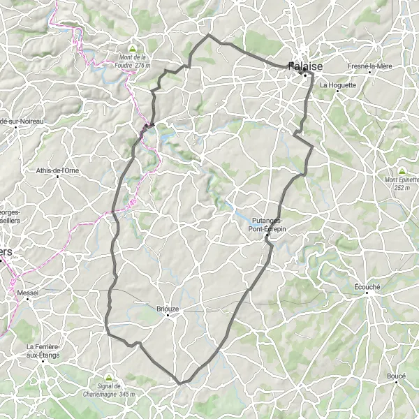 Map miniature of "Falaise Loop Road Adventure" cycling inspiration in Basse-Normandie, France. Generated by Tarmacs.app cycling route planner