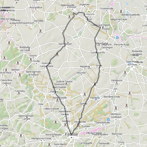 Map miniature of "Château de Versainville and Falaise Circuit" cycling inspiration in Basse-Normandie, France. Generated by Tarmacs.app cycling route planner