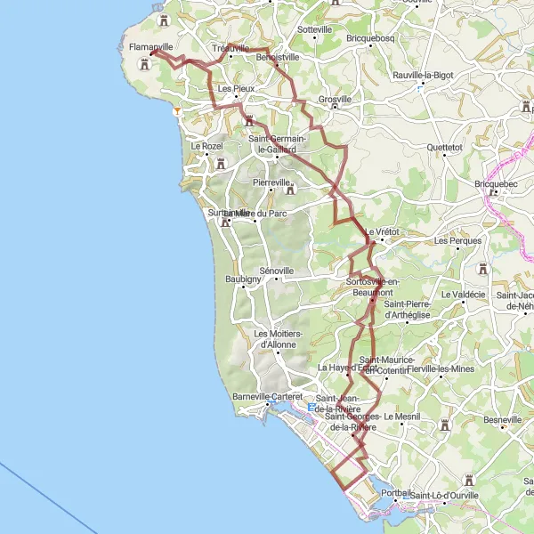 Map miniature of "Scenic Gravel Ride near Flamanville" cycling inspiration in Basse-Normandie, France. Generated by Tarmacs.app cycling route planner