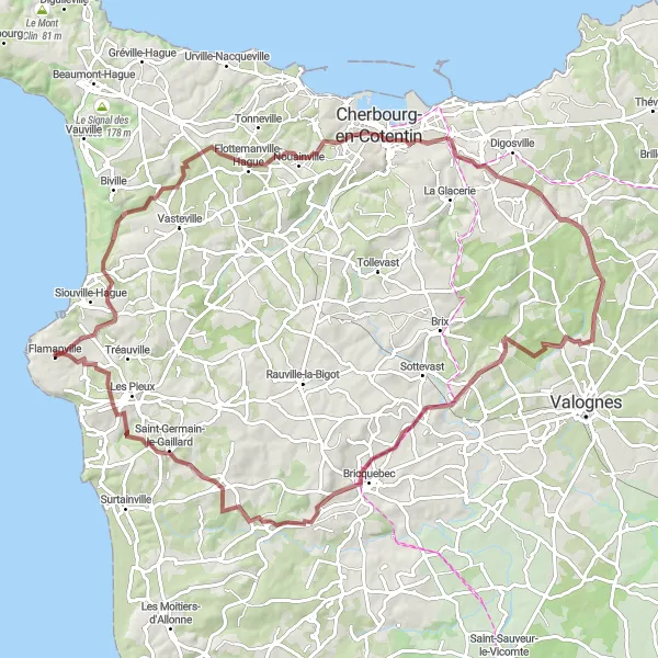 Map miniature of "The Gravel Adventure: Flamanville Loop" cycling inspiration in Basse-Normandie, France. Generated by Tarmacs.app cycling route planner
