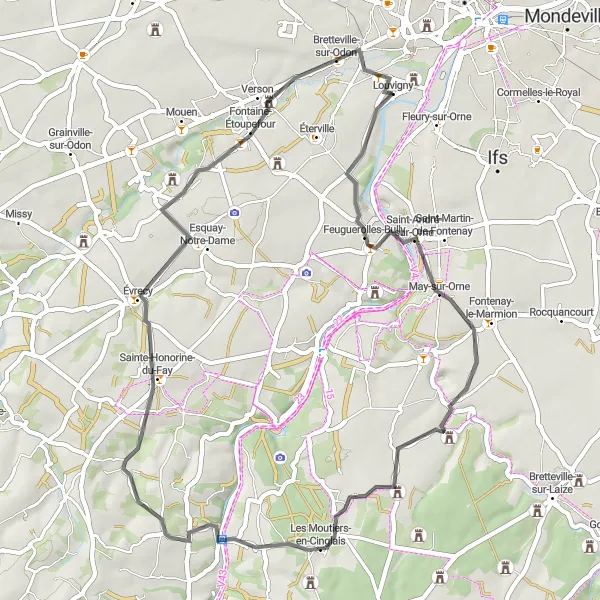 Miniature de la carte de l'inspiration cycliste "Les Chemins de Condel" dans la Basse-Normandie, France. Générée par le planificateur d'itinéraire cycliste Tarmacs.app