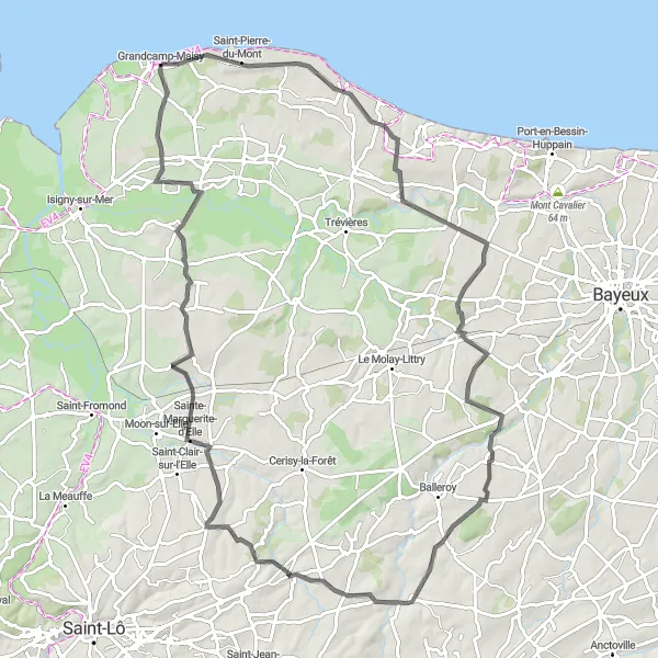 Miniature de la carte de l'inspiration cycliste "Balade entre terre et mer près de Grandcamp-Maisy" dans la Basse-Normandie, France. Générée par le planificateur d'itinéraire cycliste Tarmacs.app