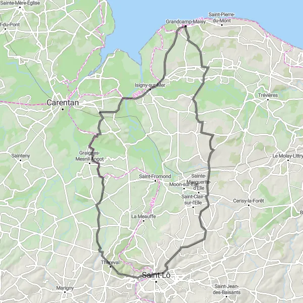 Map miniature of "The Coastal Explorer" cycling inspiration in Basse-Normandie, France. Generated by Tarmacs.app cycling route planner