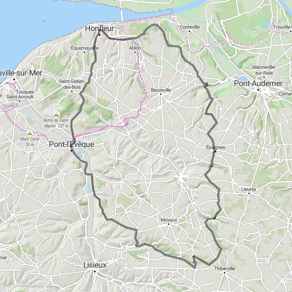 Map miniature of "The Riverside Adventure" cycling inspiration in Basse-Normandie, France. Generated by Tarmacs.app cycling route planner