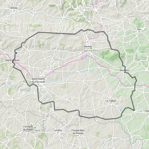 Miniature de la carte de l'inspiration cycliste "Les Vallons du Mortainais" dans la Basse-Normandie, France. Générée par le planificateur d'itinéraire cycliste Tarmacs.app