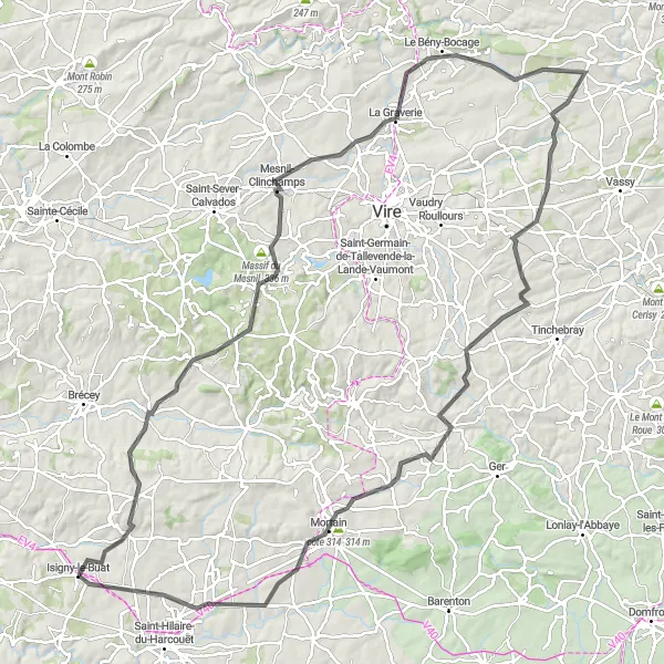 Miniature de la carte de l'inspiration cycliste "Les Vallons du Mesnil" dans la Basse-Normandie, France. Générée par le planificateur d'itinéraire cycliste Tarmacs.app
