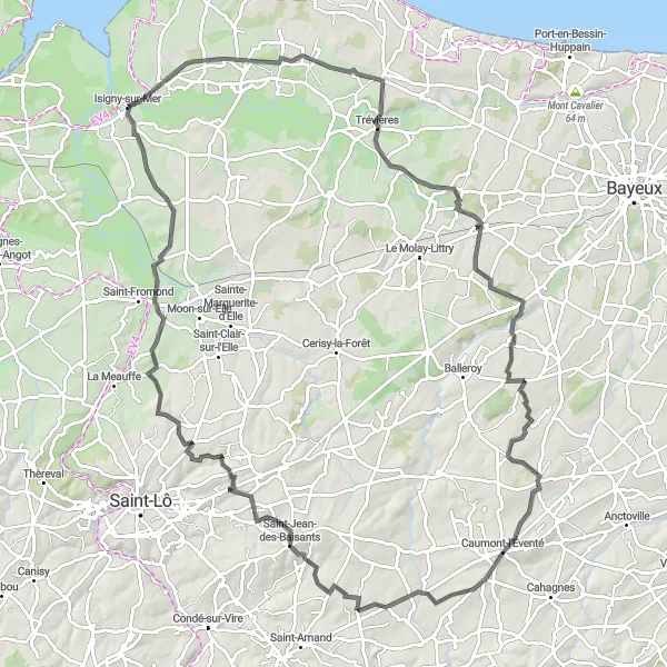 Map miniature of "Exploring the Countryside of Isigny-sur-Mer" cycling inspiration in Basse-Normandie, France. Generated by Tarmacs.app cycling route planner