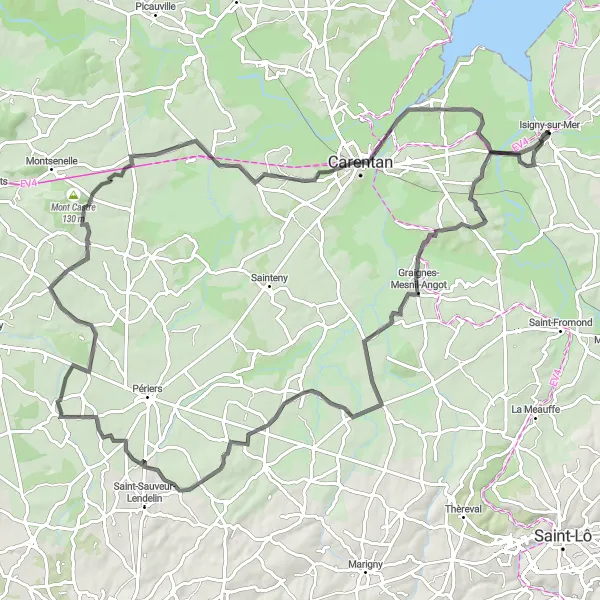 Map miniature of "Historical Significance and Charming Villages" cycling inspiration in Basse-Normandie, France. Generated by Tarmacs.app cycling route planner