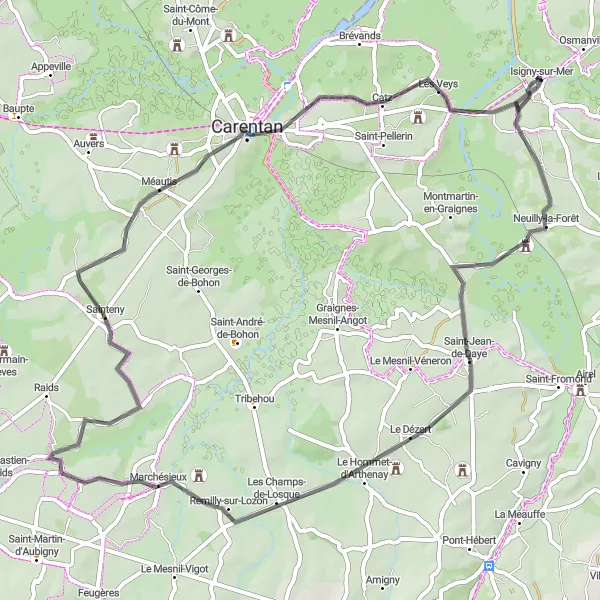 Map miniature of "Coastal Charm and Historical Landmarks" cycling inspiration in Basse-Normandie, France. Generated by Tarmacs.app cycling route planner