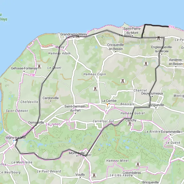 Map miniature of "Discover Monfréville" cycling inspiration in Basse-Normandie, France. Generated by Tarmacs.app cycling route planner