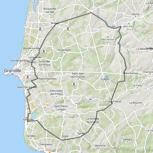 Map miniature of "Jullouville Coastal Loop" cycling inspiration in Basse-Normandie, France. Generated by Tarmacs.app cycling route planner