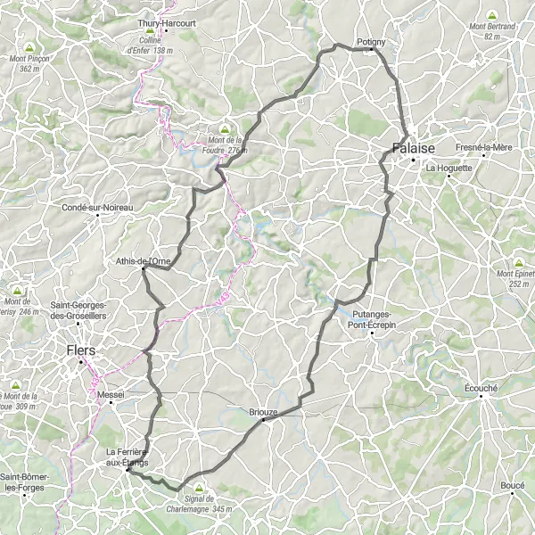 Miniature de la carte de l'inspiration cycliste "Exploration à vélo autour de La Ferrière-aux-Étangs" dans la Basse-Normandie, France. Générée par le planificateur d'itinéraire cycliste Tarmacs.app