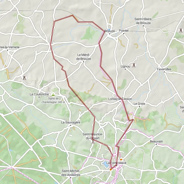 Miniature de la carte de l'inspiration cycliste "Parcours gravel jusqu'à Lonlay-le-Tesson" dans la Basse-Normandie, France. Générée par le planificateur d'itinéraire cycliste Tarmacs.app