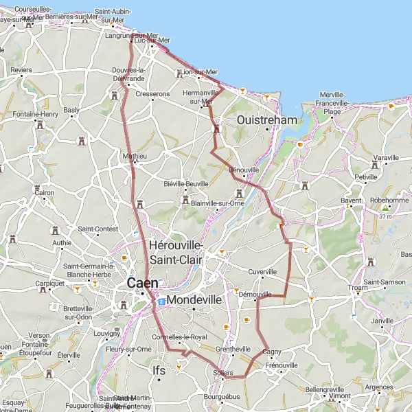Miniature de la carte de l'inspiration cycliste "Les Plages du Débarquement Gravel Tour" dans la Basse-Normandie, France. Générée par le planificateur d'itinéraire cycliste Tarmacs.app
