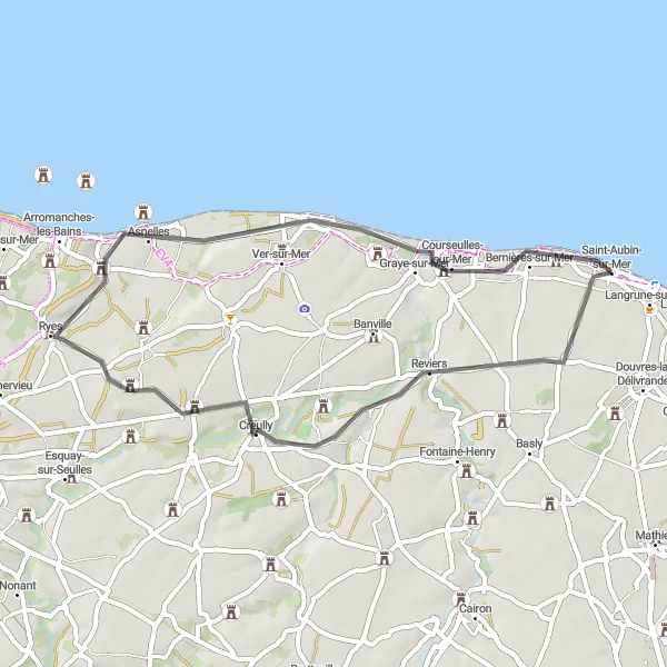 Map miniature of "Road Cycling Exploration: Tales of Châteaus and Coastal Charms" cycling inspiration in Basse-Normandie, France. Generated by Tarmacs.app cycling route planner