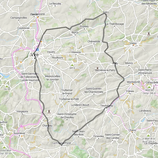 Miniature de la carte de l'inspiration cycliste "Route des Vues Spectaculaires" dans la Basse-Normandie, France. Générée par le planificateur d'itinéraire cycliste Tarmacs.app