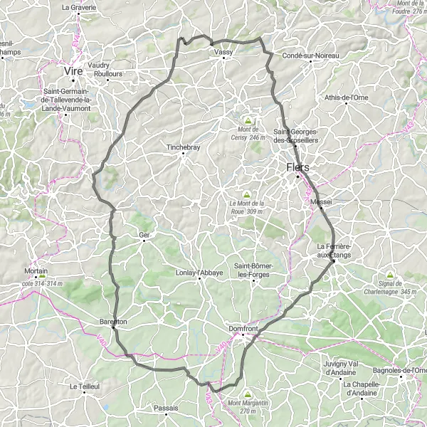 Miniature de la carte de l'inspiration cycliste "Tour du Mont Brûlé" dans la Basse-Normandie, France. Générée par le planificateur d'itinéraire cycliste Tarmacs.app