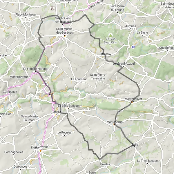Miniature de la carte de l'inspiration cycliste "Parcours des Charmes Normands" dans la Basse-Normandie, France. Générée par le planificateur d'itinéraire cycliste Tarmacs.app