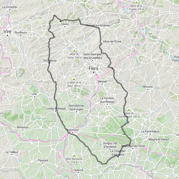 Miniature de la carte de l'inspiration cycliste "Tour des Paysages Normands" dans la Basse-Normandie, France. Générée par le planificateur d'itinéraire cycliste Tarmacs.app