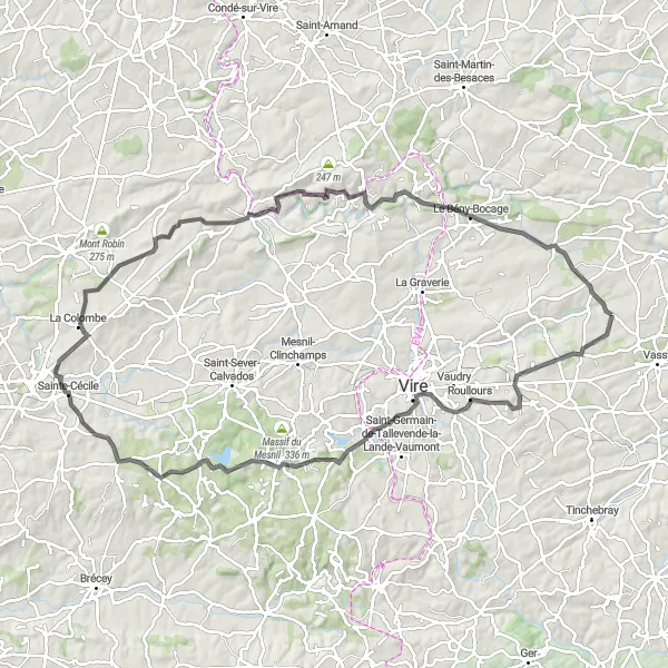 Miniature de la carte de l'inspiration cycliste "Boucle cycliste Viessoix - Estry" dans la Basse-Normandie, France. Générée par le planificateur d'itinéraire cycliste Tarmacs.app